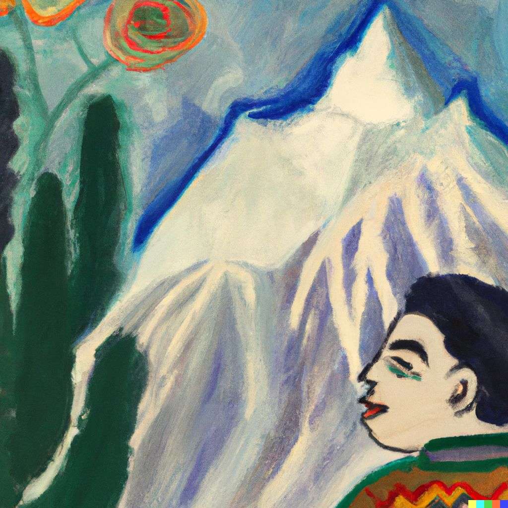 someone gazing at Mount Everest, painting by Frida Kahlo